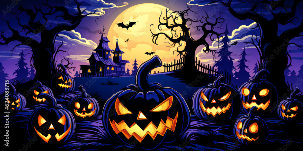 Pumpkins with haunted house and full moon at night, blue purple sky, Halloween background, colorful, wide Pumpkins with haunted house and full moon at night, blue purple sky, Halloween background, colorful, wide
