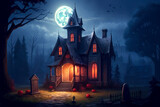 Haunted house in the woods with full moon at night, Halloween background, colorful