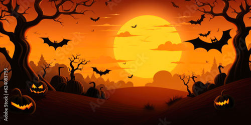 Halloween background  pumpkins and bats in forest at night  large full moon
