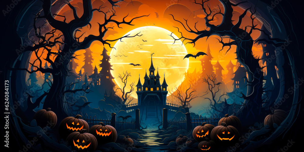 Spooky dark haunted house in forest with pumpkin jack o' lanterns, night, full moon, Halloween background illustration, graphic design, wide