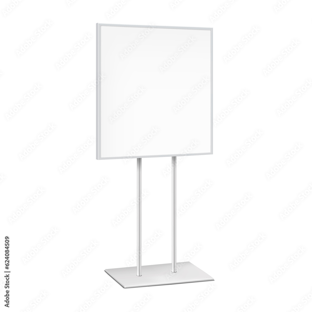 Square poster frame vector mockup. Advertising floor standing display with metal base template. Blank white placard sign holder stand mock-up Square poster frame vector mockup. Advertising floor standing display with metal base template. Blank white placard sign holder stand mock-up