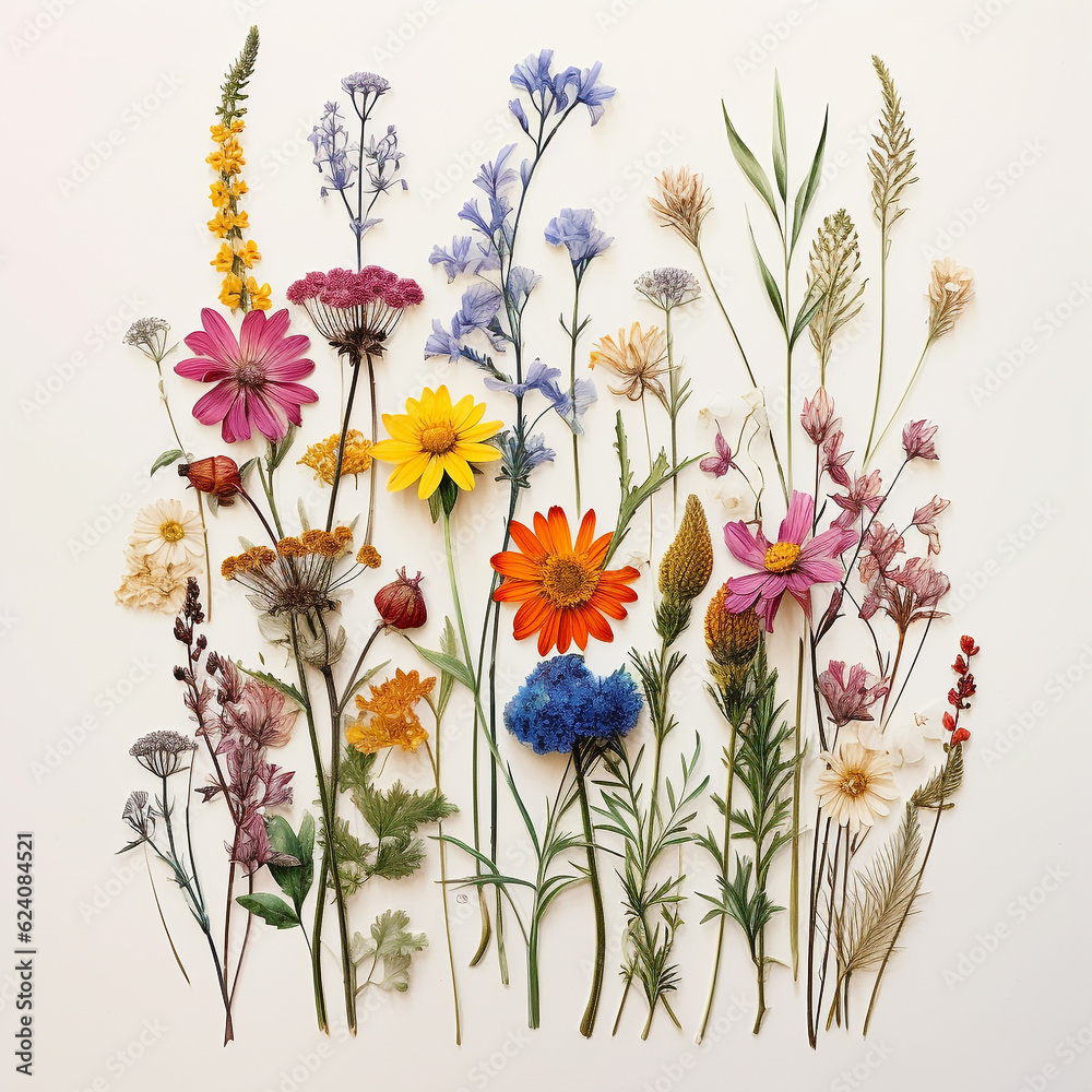 herbarium of wildflowers on white paper, pressed vibrant colored flowers bouquet , background floral 