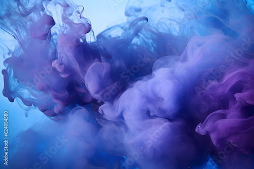 Paint in water. Colorful art background. Fluorescent smoke texture. Universe energy. Glowing bright blue purple vapor splash on dark.