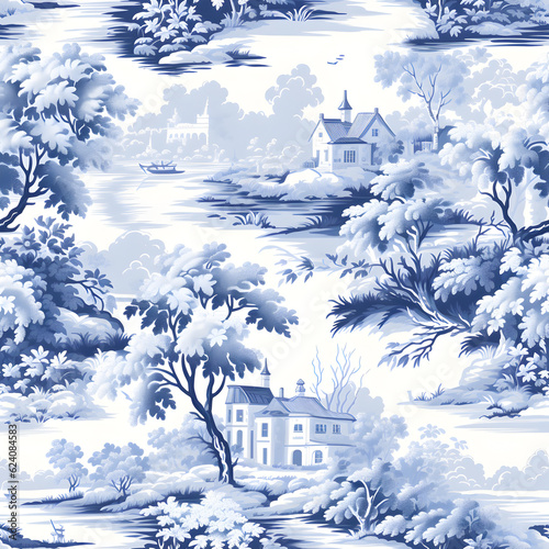 Toile de jouy pattern with countryside views with castles and houses and landscapes with trees, river and bridges with road in blue color