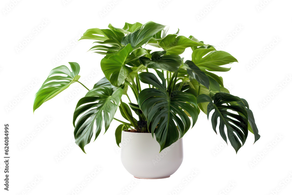 Monstera fresh green tropical plant in a pot isolated on transparent background, PNG
