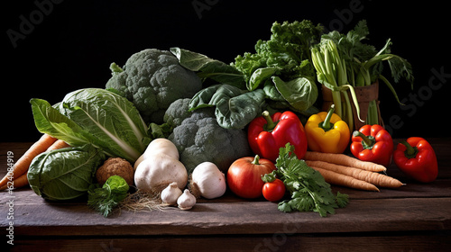 Fresh, organic vegetables on a rustic wooden table