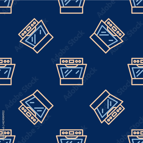 Line Oven icon isolated seamless pattern on blue background. Stove gas oven sign. Vector