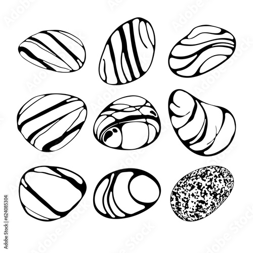Set of beach pebbles or sea stones in various shapes. Different form and textures, silhouette, monochrome, line art style. Striped sea rock pebbles isolated on white background. Vector illustration