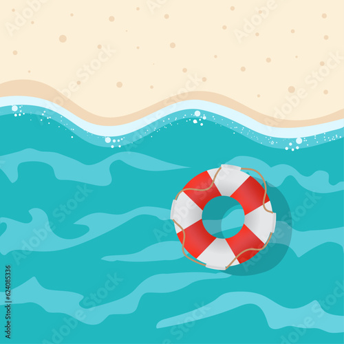Vector lifebuoy floats on the surface of the sea with clear water. Square summer beach illustration top view.
