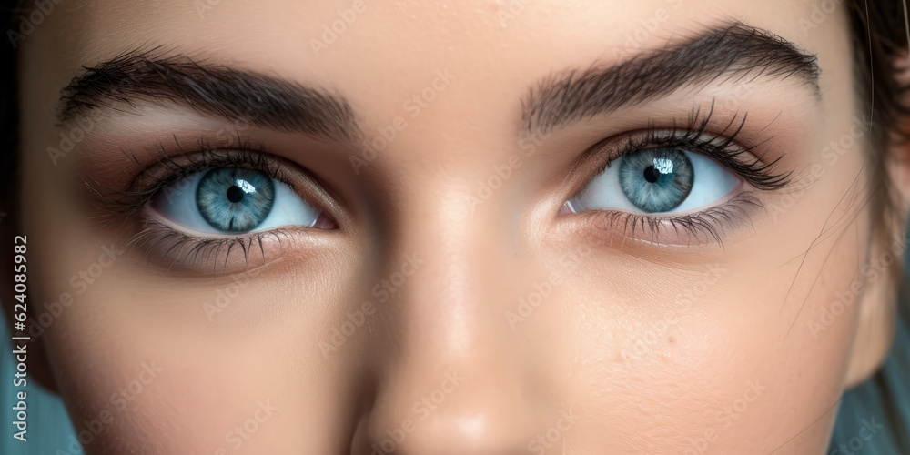 Young beautiful woman with blue eyes, closeup detail to her face, both iris visible. Generative AI Young beautiful woman with blue eyes, closeup detail to her face, both iris visible. Generative AI