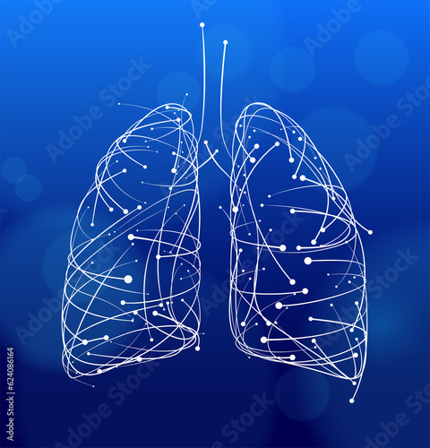 Illustration of curves and dots arranged to form the shape of a human lung on a dark blue background. It feels modern, dynamic, and moderately tech-savvy. Used in medical and industry