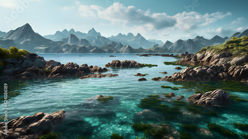 Coastal landscape with majestic mountains rising from the crystal-clear turquoise waters. photo