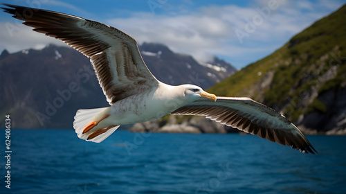 Seagull flying above the blue sea and mountain photo