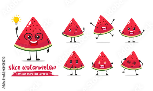 funny slice watermelon cartoon with many expressions. different Fruit activity vector illustration flat design. smart watermelon for children story book.