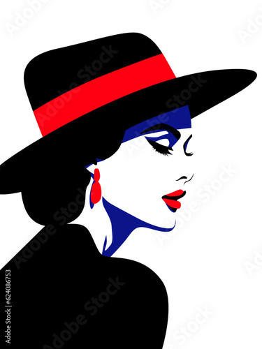 Profile of young beautiful fashion woman with hat, minimalism. Abstract female portrait, contemporary design, vector illustration