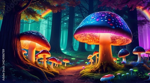 A magical forest with glowing mushrooms and a rainbow of colors.