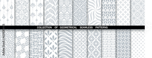 Geometric floral set of seamless patterns. White and gray vector backgrounds. Damask graphic ornaments