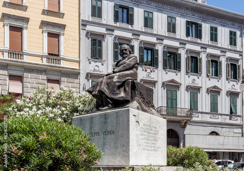 Bronze statue of Italian opera composer Giuseppe Verdi, erected in 1906 in San Giovanni square, Trieste city center, Italy