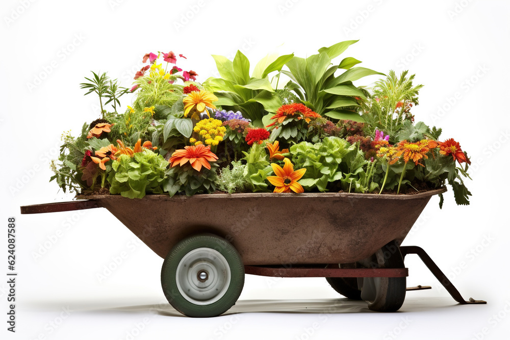 Wheelbarrow filled with potted plants ready for planting, a gardening scene featuring various flora