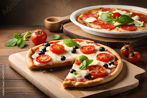 Freshly baked pizza closeup served on a traditional wooden pan - Generative AI