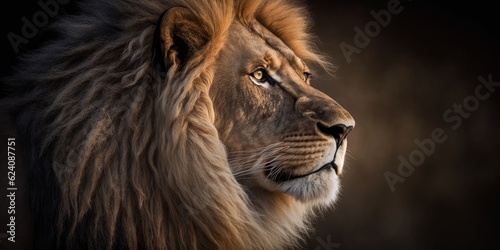Portrait of a male lion with a beautiful mane in profile