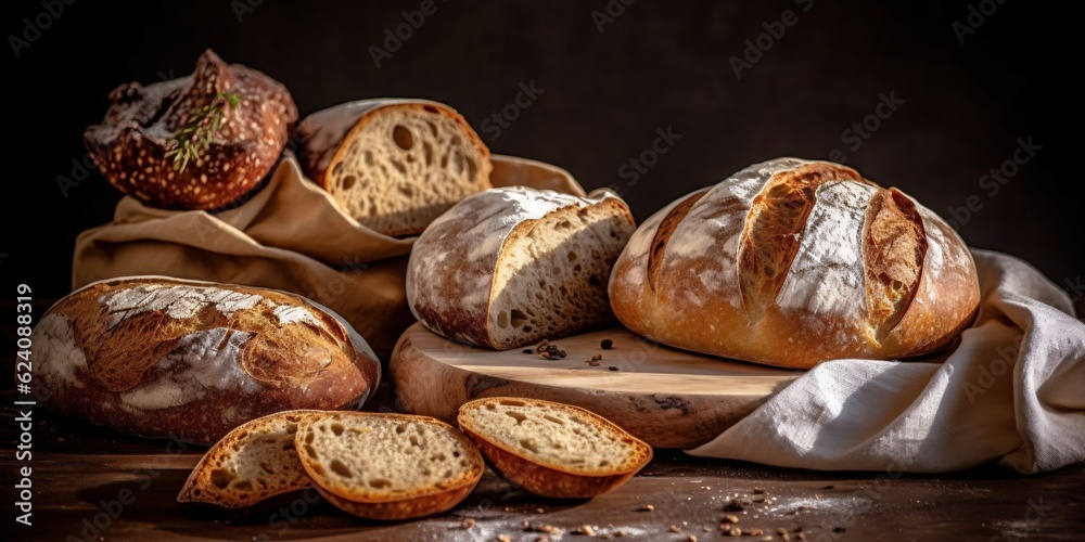 Composition with bread and bakery products on dark background. Bakery concept. Generative AI technology.