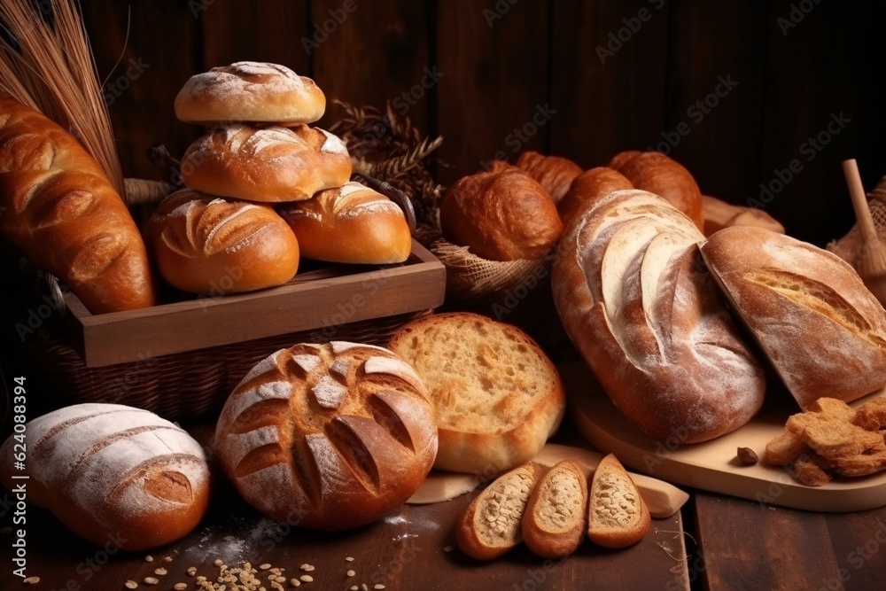 Composition with bread and bakery products on dark background. Bakery concept. Generative AI technology.