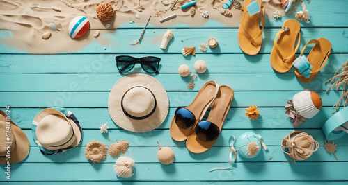 Beach accessories on blue mint wood, hat, slipper, sunglasses, sand beach, summer background, a wallpaper for designer, Generative Ai 