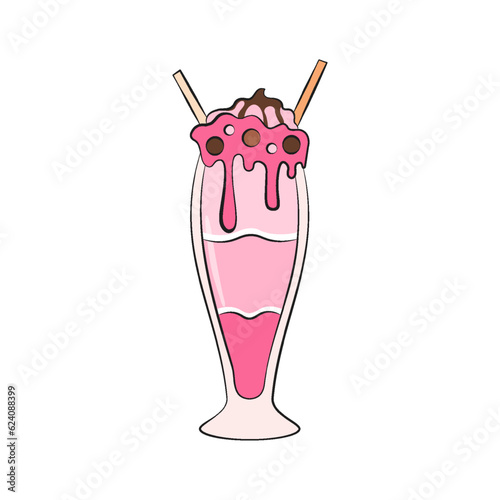 Milkshake vector illustration. Cartoon isolated glass cup with milk drink. Cocktail dessert with strawberry cream. Milk shake cartoon