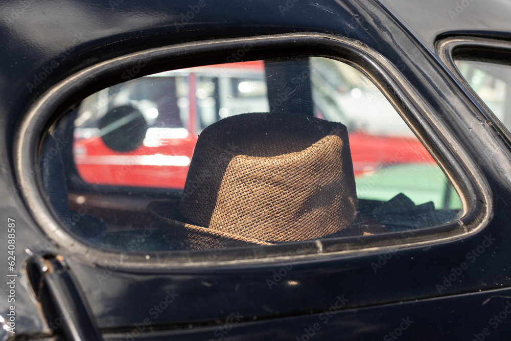 Rear window of a retro car. Close-up.