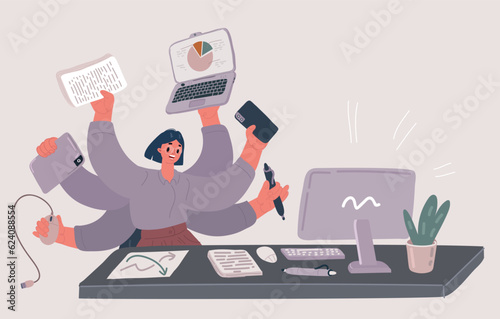 Vector illustration of Multitask woman. Businesswoman business man practicing meditation in office. The character sits in the lotus position, the thought process, the inception and 
