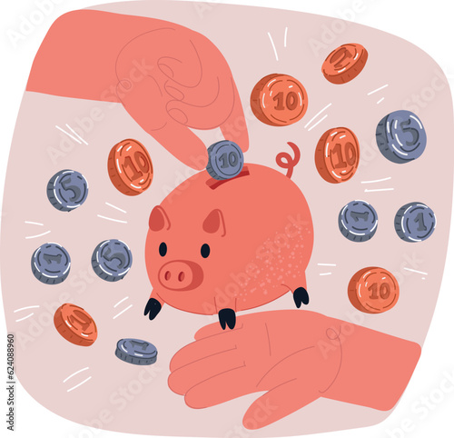 Vector illustration of Hand inserts a coin into the piggy bank. Coin arround