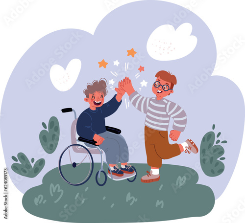 Vector illustration of smiling little red-hair boy and boy on a wheelchair playing and give five each other