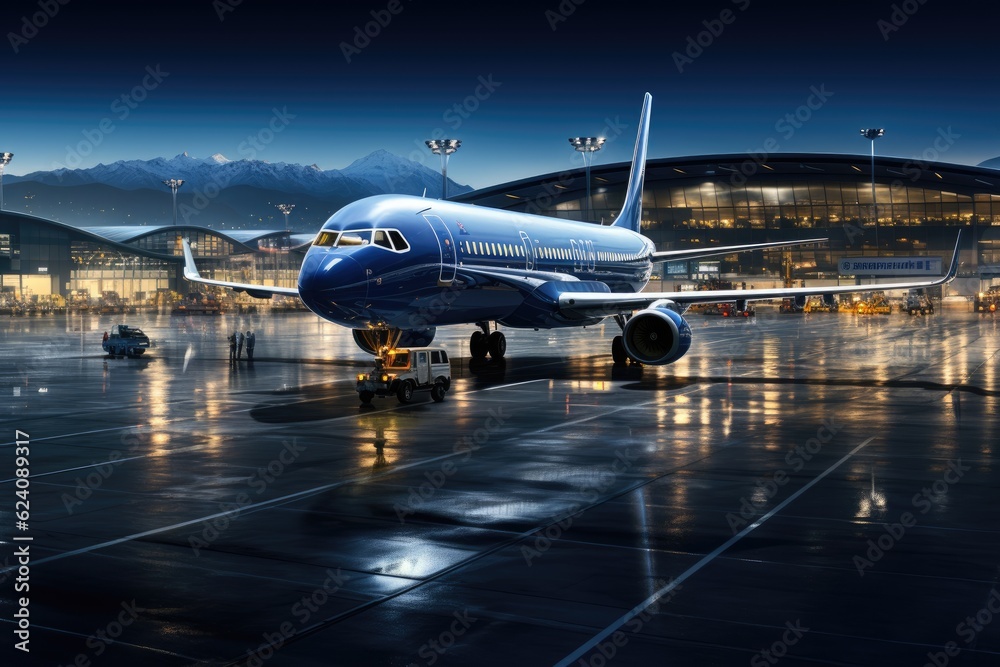 Panoramic view of a bustling airport. The airplane, standing tall and majestic. Panoramic view of a bustling airport. The airplane, standing tall and majestic.