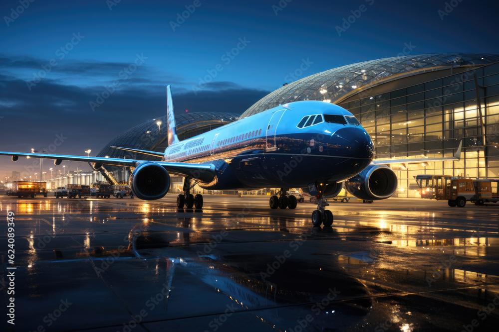 Panoramic view of a bustling airport. The airplane, standing tall and majestic. Panoramic view of a bustling airport. The airplane, standing tall and majestic.