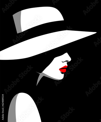 Profile of young beautiful fashion woman with hat and red lips, minimalism in red, white, gray and black colors. Abstract female portrait, contemporary design, vector illustration