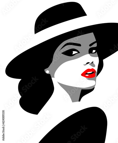 Profile of young beautiful fashion woman with hat and red lips, minimalism in gray, red, white and black colors. Abstract female portrait, contemporary design, vector illustration