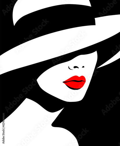 Profile of young beautiful fashion woman with hat and red lips, minimalism in red, white and black colors. Abstract female portrait, contemporary design, vector illustration