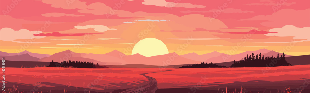 fiery sunset over a prairie vector simple 3d smooth isolated illustration
