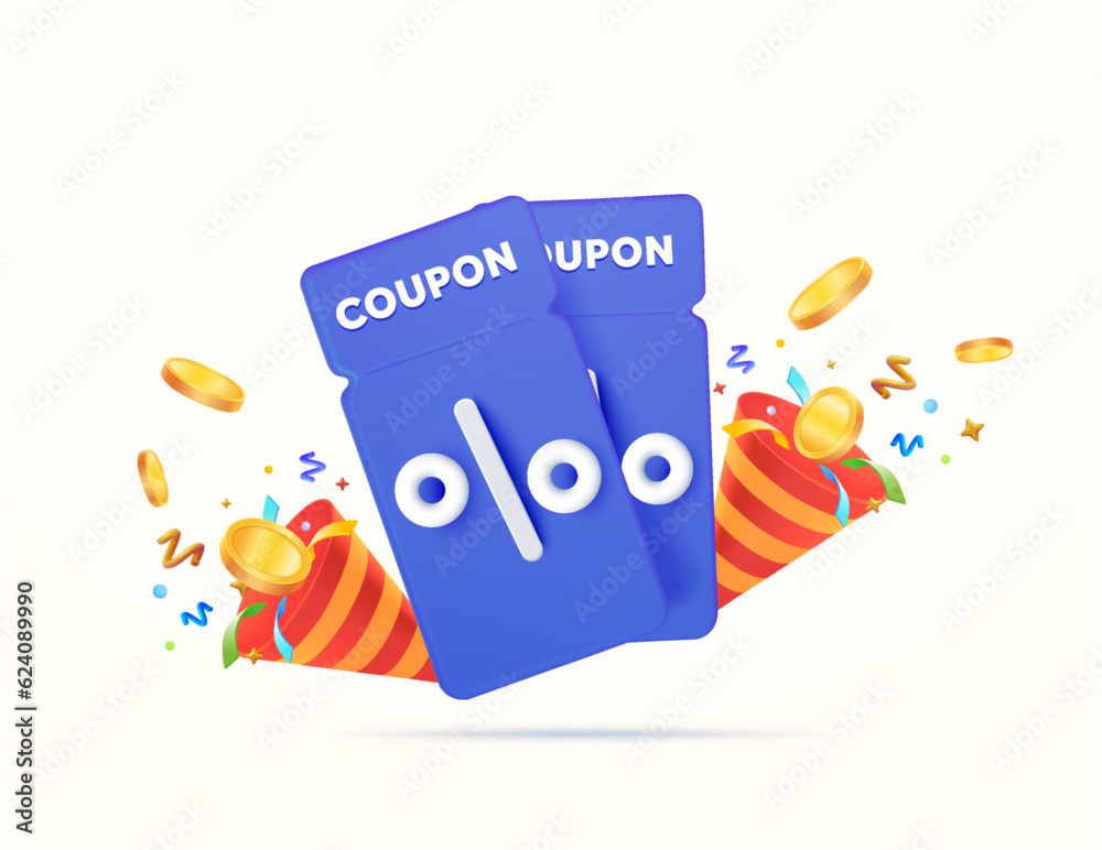 3d coupons, voucher with confetti, explosion effect, isolated on white