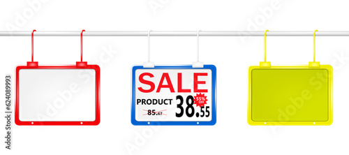 Pop display stand isolated on white background color mock-up set. Shelf label for retail store vector mockup. Supermarket price tag holder board. Easy editable