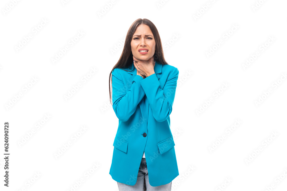 young insecure attractive slim brunette model dressed in a stylish business jacket begging. office fashion concept young insecure attractive slim brunette model dressed in a stylish business jacket begging. office fashion concept