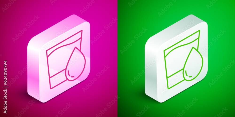Isometric line Glass with water icon isolated on pink and green background. Soda glass. Silver square button. Vector