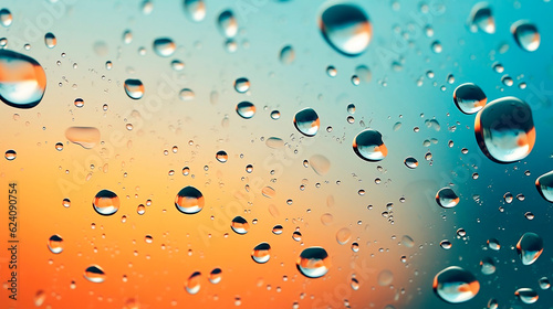 Water drops on glass with orange sunset background. Shallow DOF.AI Generated