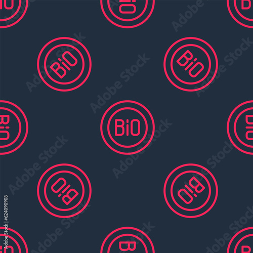 Red line Banner, label, tag, logo for bio green healthy food icon isolated seamless pattern on black background. Organic product. Healthy food sticker. Vector