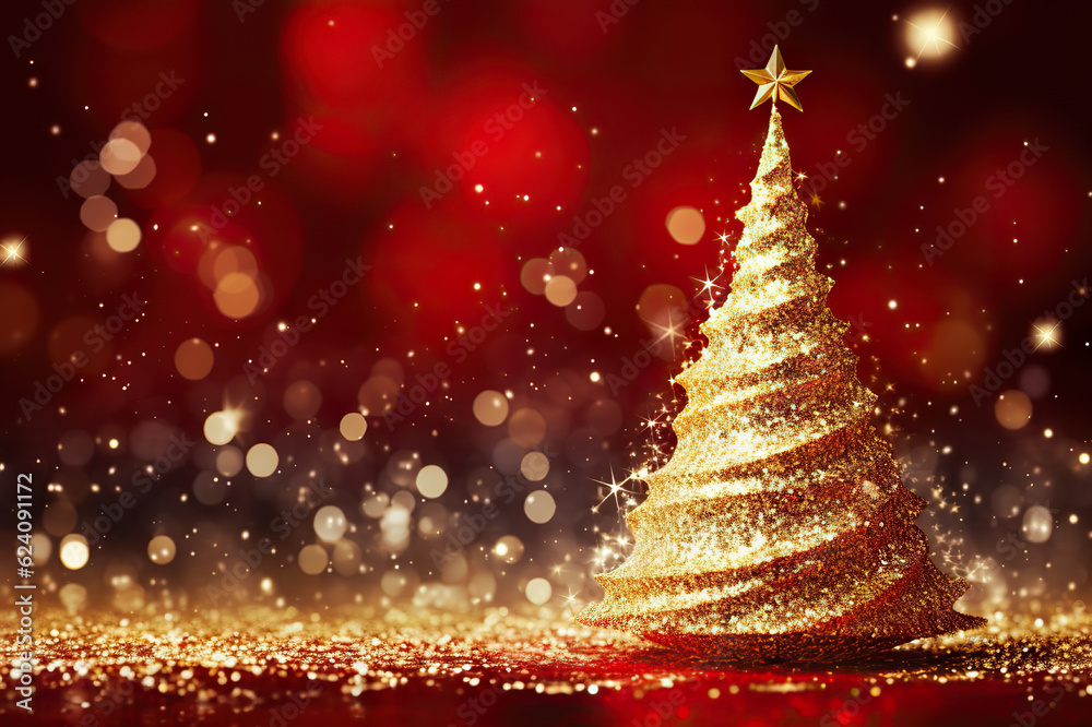 Golden Glow Shining Christmas Tree with Sparkling Glitter in a Red Photorealistic Background. created with Generative AI Golden Glow Shining Christmas Tree with Sparkling Glitter in a Red Photorealistic Background. created with Generative AI