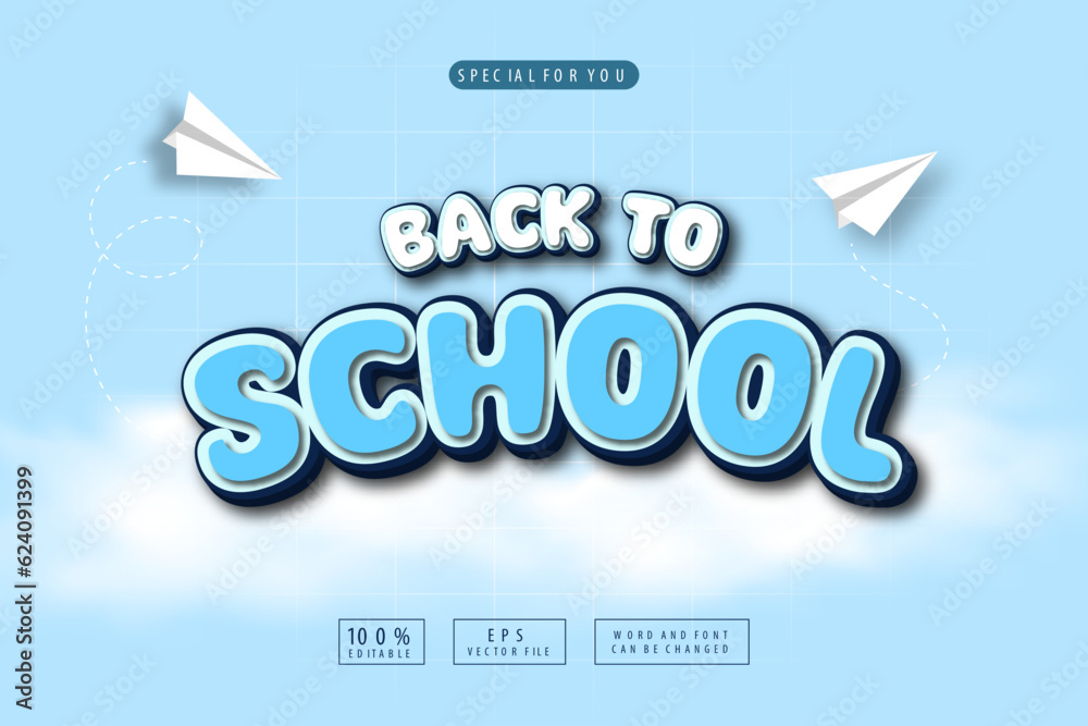 back to school text effect with paper plane and sky clouds background 