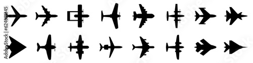 Set plane icons, different historical airplane, passenger airplanes, aircraft. Airliner model top view – vector