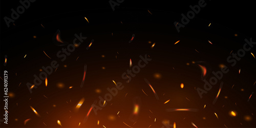 Fire sparks on dark background. Flying up sparks, burning fire particles with smoke texture. Realistic flame effect – vector