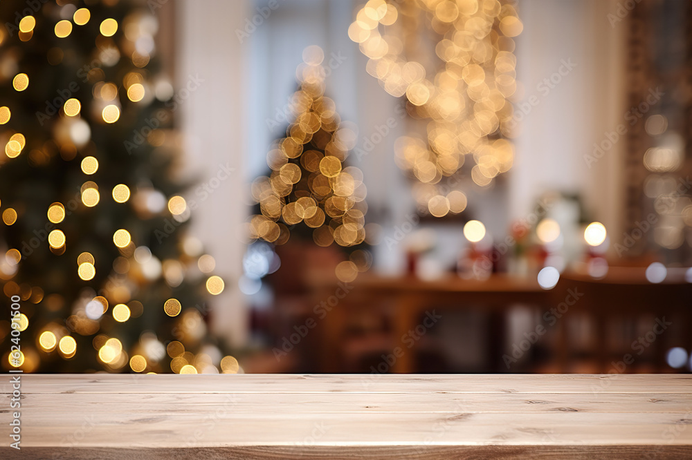 Festive Holiday Ambiance Empty Wooden Table Amidst Defocused Christmas Background with Ample Copy Spac. created with Generative AI
